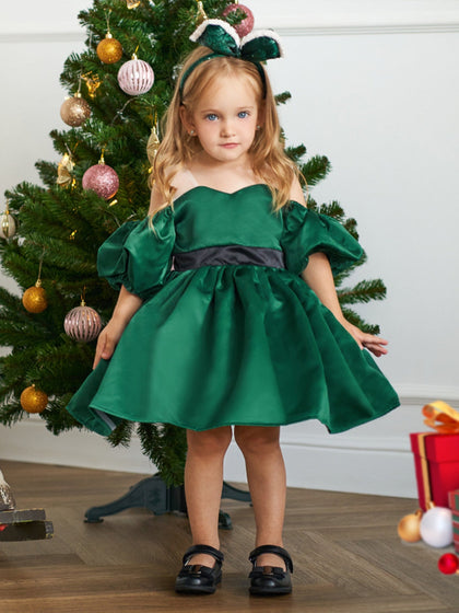 Ballkleid Off-the-Shoulder Kurze Ärmel Satin Weihnachtskleider für Mädchen