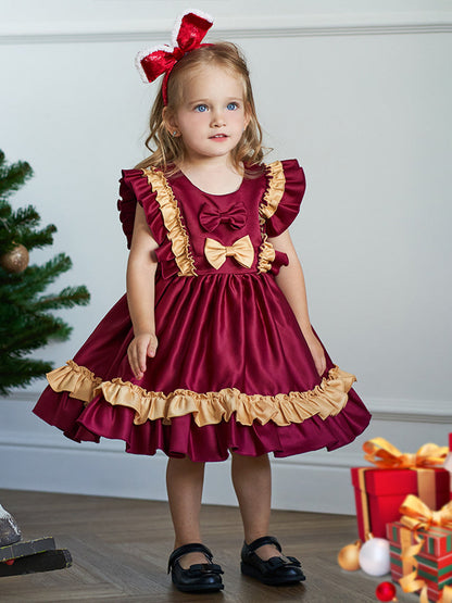 Ballkleid mit U-Ausschnitt, ärmellos, gerüscht, Satin, Weihnachtskleider für Mädchen