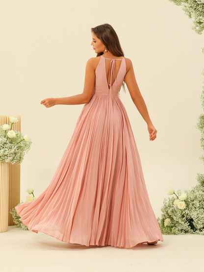 A-Line/Princess Halter Sleeveless Long Bridesmaid Dresses with Split Side & Ruffles