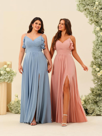 A-Line/Princess Spaghetti Straps Plus Size Ruched Long Bridesmaid Dresses with Split Side