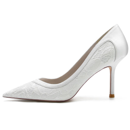 Damen Abendschuhe aus Satin mit Spitze und Stilettoabsatz