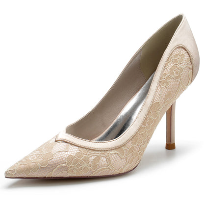 Damen Abendschuhe aus Satin mit Spitze und Stilettoabsatz