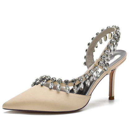 Damen Seidensatin mit Strass Quaste Geschlossene Zehen Stiletto Absatz Party Schuhe