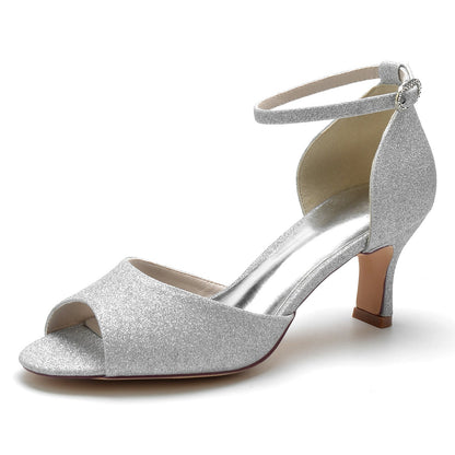 Damen Stretch Glitter mit Knöchelriemen Peep Toe Spool Heel Abendschuhe