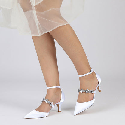 Damen Knöchelriemen Strass Seidensatin Mit Geschlossener Spitze Stilettoabsatz Hochzeitsschuhe