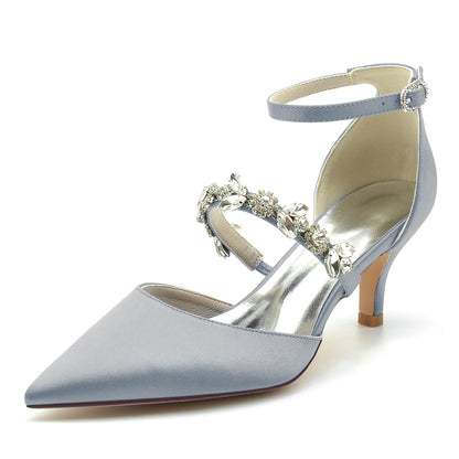 Damen Knöchelriemen Strass Seidensatin Mit Geschlossener Spitze Stilettoabsatz Hochzeitsschuhe