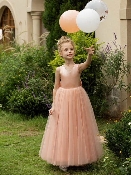 Ärmelloses Blumenmädchenkleid aus Tüll mit V-Ausschnitt Und Satinschleife