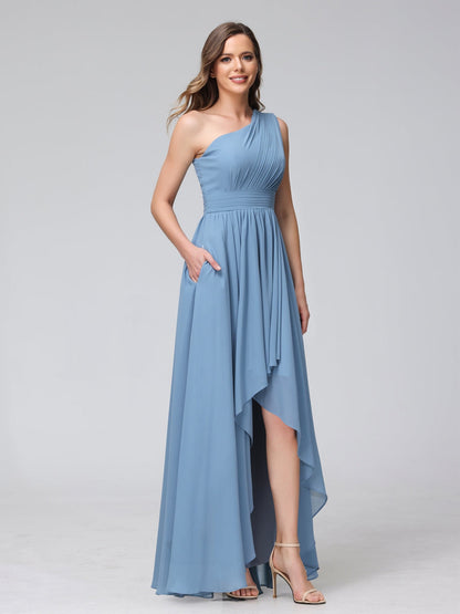 A-Linie One-Shoulder-Kleid Ärmellos Chiffon High-Low-Brautjungfernkleid mit Taschen