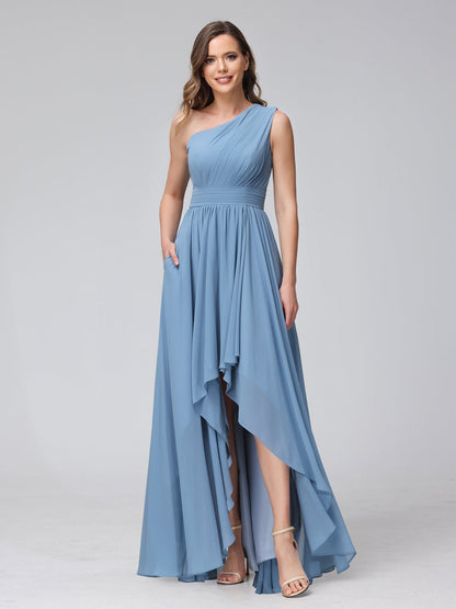 A-Linie One-Shoulder-Kleid Ärmellos Chiffon High-Low-Brautjungfernkleid mit Taschen