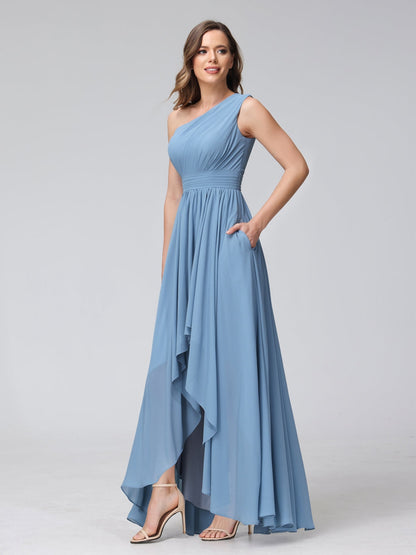 A-Linie One-Shoulder-Kleid Ärmellos Chiffon High-Low-Brautjungfernkleid mit Taschen