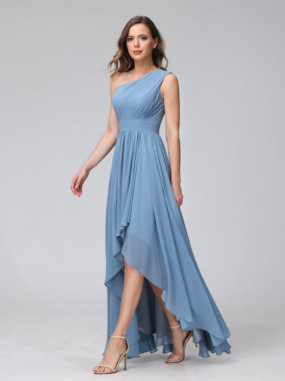 A-Linie One-Shoulder-Kleid Ärmellos Chiffon High-Low-Brautjungfernkleid mit Taschen