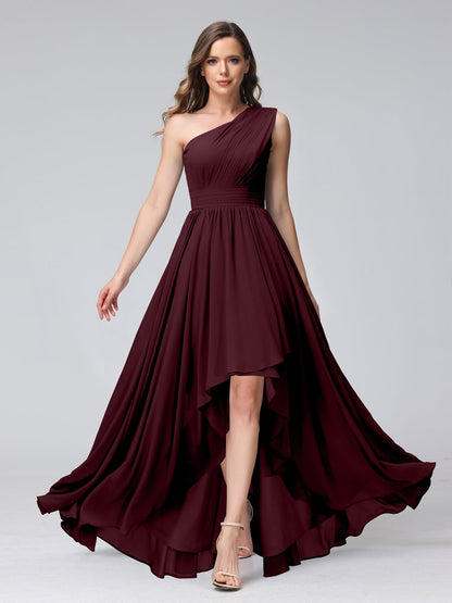 A-Linie One-Shoulder-Kleid Ärmellos Chiffon High-Low-Brautjungfernkleid mit Taschen