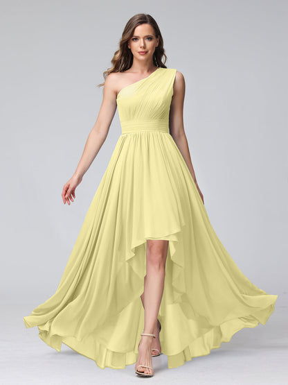 A-Linie One-Shoulder-Kleid Ärmellos Chiffon High-Low-Brautjungfernkleid mit Taschen