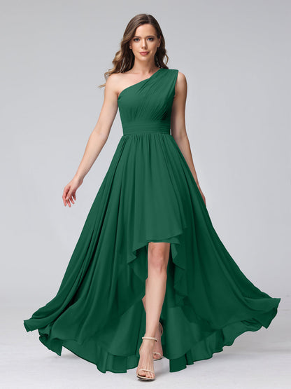 A-Linie One-Shoulder-Kleid Ärmellos Chiffon High-Low-Brautjungfernkleid mit Taschen