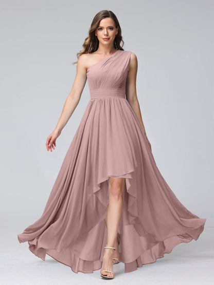 A-Linie One-Shoulder-Kleid Ärmellos Chiffon High-Low-Brautjungfernkleid mit Taschen