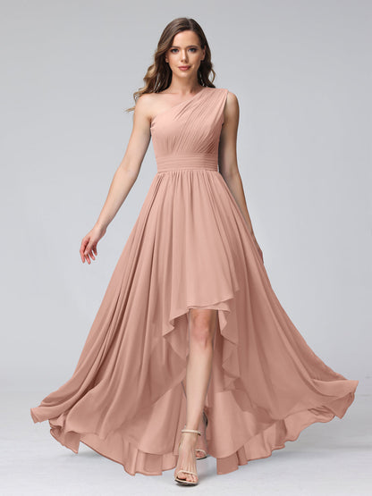 A-Linie One-Shoulder-Kleid Ärmellos Chiffon High-Low-Brautjungfernkleid mit Taschen