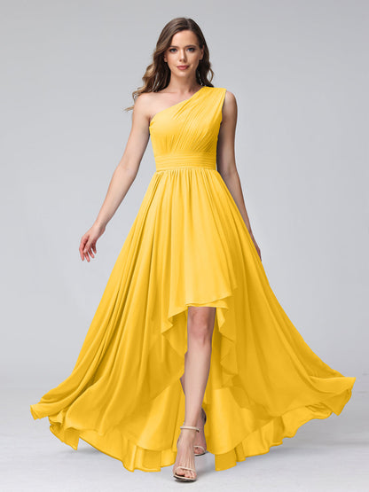 A-Linie One-Shoulder-Kleid Ärmellos Chiffon High-Low-Brautjungfernkleid mit Taschen