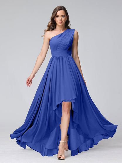 A-Linie One-Shoulder-Kleid Ärmellos Chiffon High-Low-Brautjungfernkleid mit Taschen