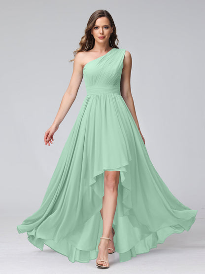 A-Linie One-Shoulder-Kleid Ärmellos Chiffon High-Low-Brautjungfernkleid mit Taschen