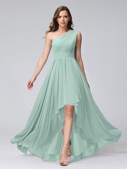 A-Linie One-Shoulder-Kleid Ärmellos Chiffon High-Low-Brautjungfernkleid mit Taschen