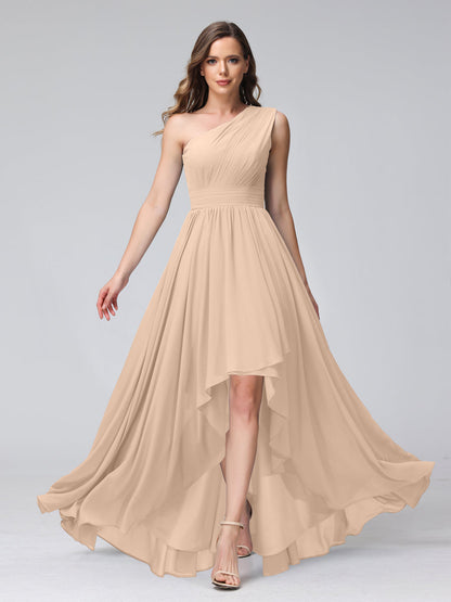 A-Linie One-Shoulder-Kleid Ärmellos Chiffon High-Low-Brautjungfernkleid mit Taschen