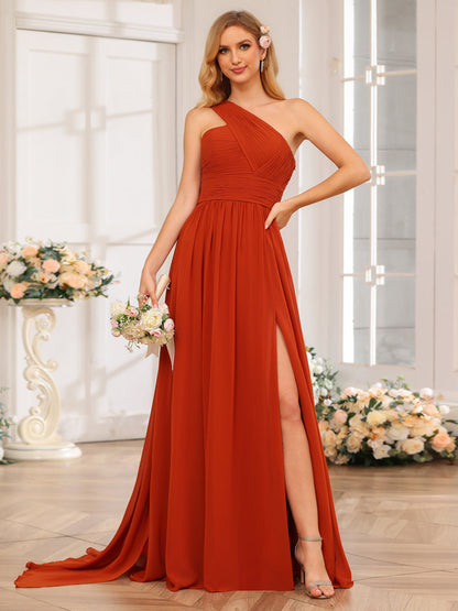 A-Linie/Prinzessin One-Shoulder-Lange Hochzeitspartykleider mit Watteau-Schleppe