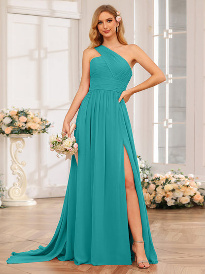 A-Linie/Prinzessin One-Shoulder-Lange Hochzeitspartykleider mit Watteau-Schleppe