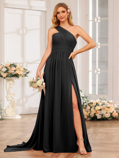 A-Linie/Prinzessin One-Shoulder-Lange Hochzeitspartykleider mit Watteau-Schleppe