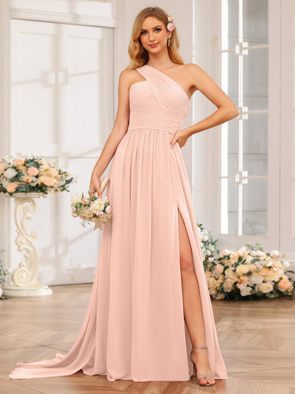 A-Linie/Prinzessin One-Shoulder-Lange Hochzeitspartykleider mit Watteau-Schleppe