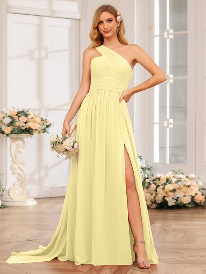 A-Linie/Prinzessin One-Shoulder-Lange Hochzeitspartykleider mit Watteau-Schleppe