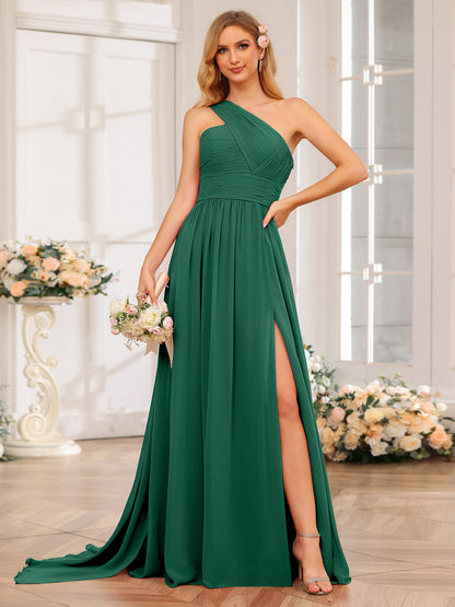 A-Linie/Prinzessin One-Shoulder-Lange Hochzeitspartykleider mit Watteau-Schleppe