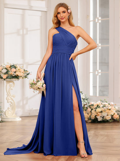 A-Linie/Prinzessin One-Shoulder-Lange Hochzeitspartykleider mit Watteau-Schleppe