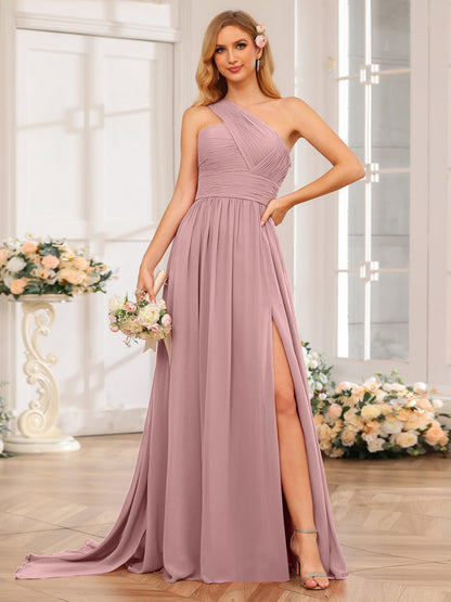 A-Linie/Prinzessin One-Shoulder-Lange Hochzeitspartykleider mit Watteau-Schleppe