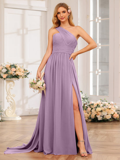 A-Linie/Prinzessin One-Shoulder-Lange Hochzeitspartykleider mit Watteau-Schleppe