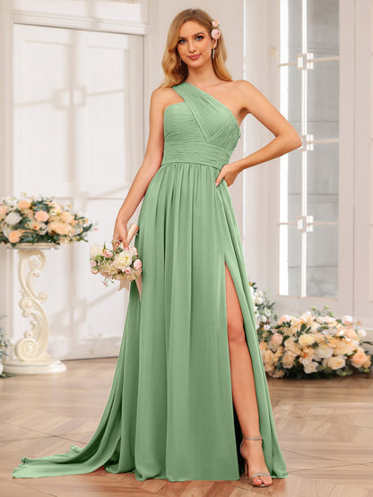 A-Linie/Prinzessin One-Shoulder-Lange Hochzeitspartykleider mit Watteau-Schleppe