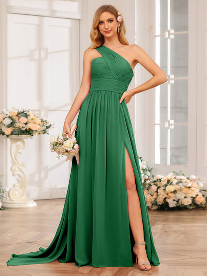 A-Linie/Prinzessin One-Shoulder-Lange Hochzeitspartykleider mit Watteau-Schleppe