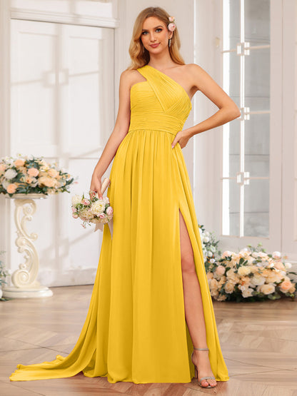 A-Linie/Prinzessin One-Shoulder-Lange Hochzeitspartykleider mit Watteau-Schleppe