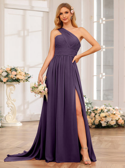 A-Linie/Prinzessin One-Shoulder-Lange Hochzeitspartykleider mit Watteau-Schleppe