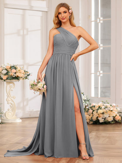 A-Linie/Prinzessin One-Shoulder-Lange Hochzeitspartykleider mit Watteau-Schleppe