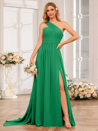 A-Linie/Prinzessin One-Shoulder-Lange Hochzeitspartykleider mit Watteau-Schleppe