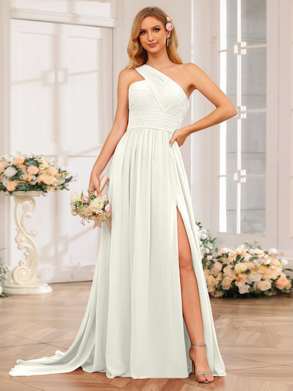 A-Linie/Prinzessin One-Shoulder-Lange Hochzeitspartykleider mit Watteau-Schleppe