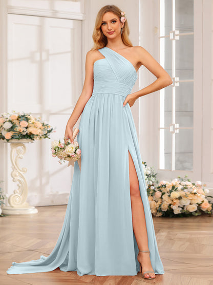 A-Linie/Prinzessin One-Shoulder-Lange Hochzeitspartykleider mit Watteau-Schleppe