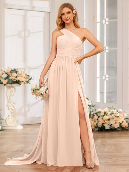 A-Linie/Prinzessin One-Shoulder-Lange Hochzeitspartykleider mit Watteau-Schleppe