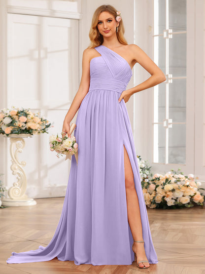 A-Linie/Prinzessin One-Shoulder-Lange Hochzeitspartykleider mit Watteau-Schleppe