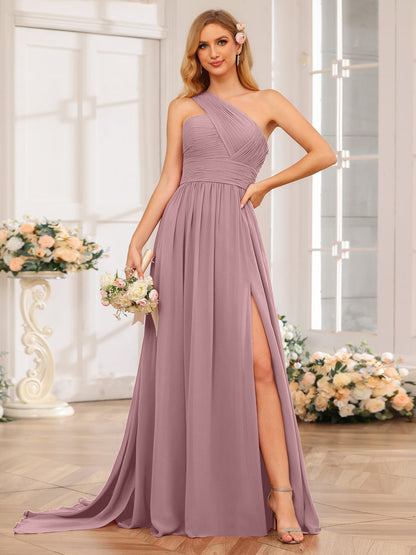 A-Linie/Prinzessin One-Shoulder-Lange Hochzeitspartykleider mit Watteau-Schleppe