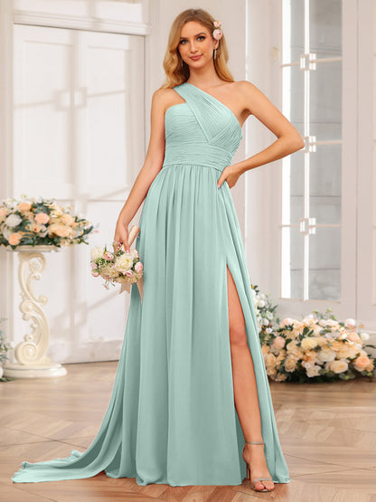 A-Linie/Prinzessin One-Shoulder-Lange Hochzeitspartykleider mit Watteau-Schleppe