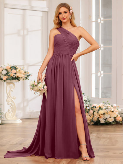 A-Linie/Prinzessin One-Shoulder-Lange Hochzeitspartykleider mit Watteau-Schleppe