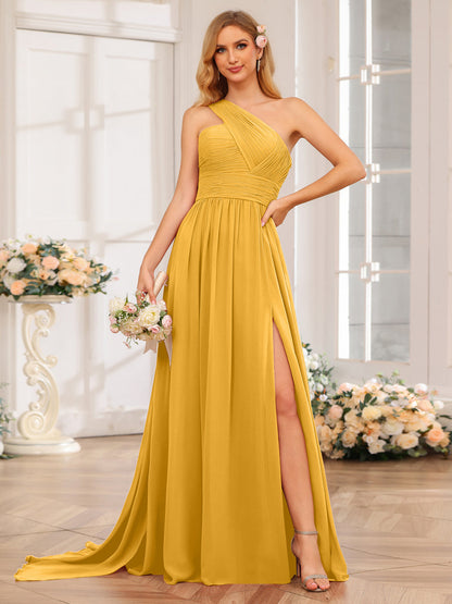 A-Linie/Prinzessin One-Shoulder-Lange Hochzeitspartykleider mit Watteau-Schleppe