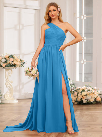 A-Linie/Prinzessin One-Shoulder-Lange Hochzeitspartykleider mit Watteau-Schleppe