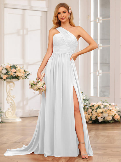 A-Linie/Prinzessin One-Shoulder-Lange Hochzeitspartykleider mit Watteau-Schleppe